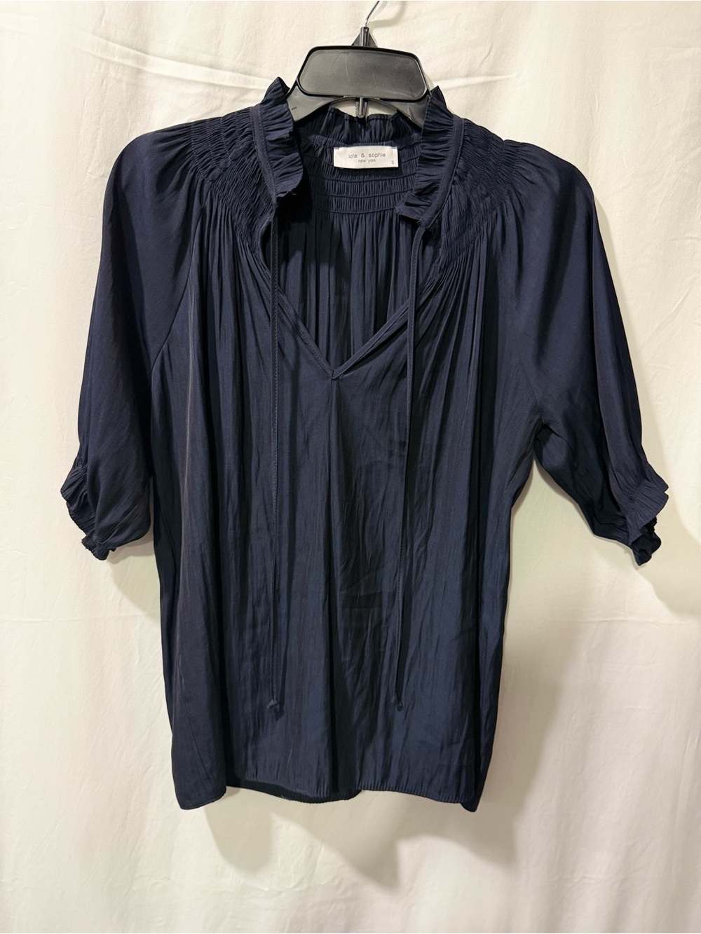 Lola & Sophie Navy Smocked Tie-Neck Blouse